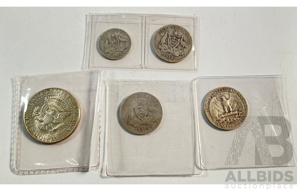 Australian Silver Coins Including 1914, 1915 Shillings, 1914 Sixpence, USA Silver 1948 Quarter and 1964 Kennedy Half Dollar