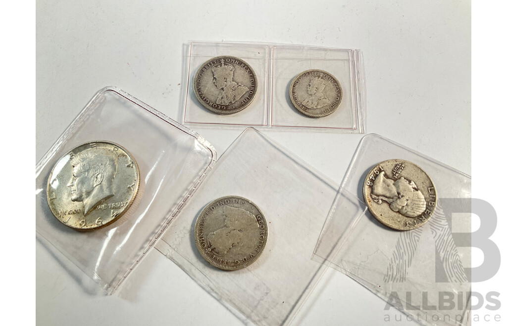 Australian Silver Coins Including 1914, 1915 Shillings, 1914 Sixpence, USA Silver 1948 Quarter and 1964 Kennedy Half Dollar