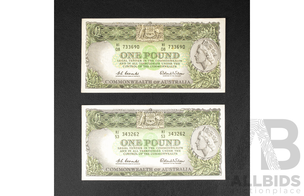 Two Australian 1961 One Pound Notes R34 Coombs/Wilson