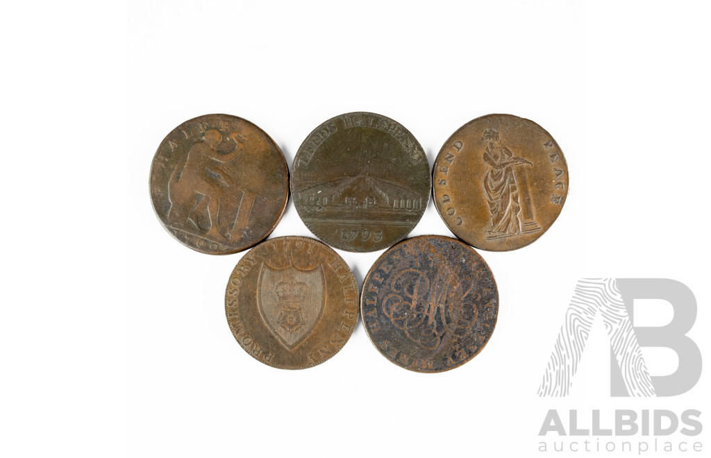 Five United Kingdom Merchant Tokens Including 1788 Anglesey Mines, 1791 Portsmouth/W.Taylor, 1793 Leeds Halfpenny, 1790 -1795 Duke of York, 1799 Warwickshire
