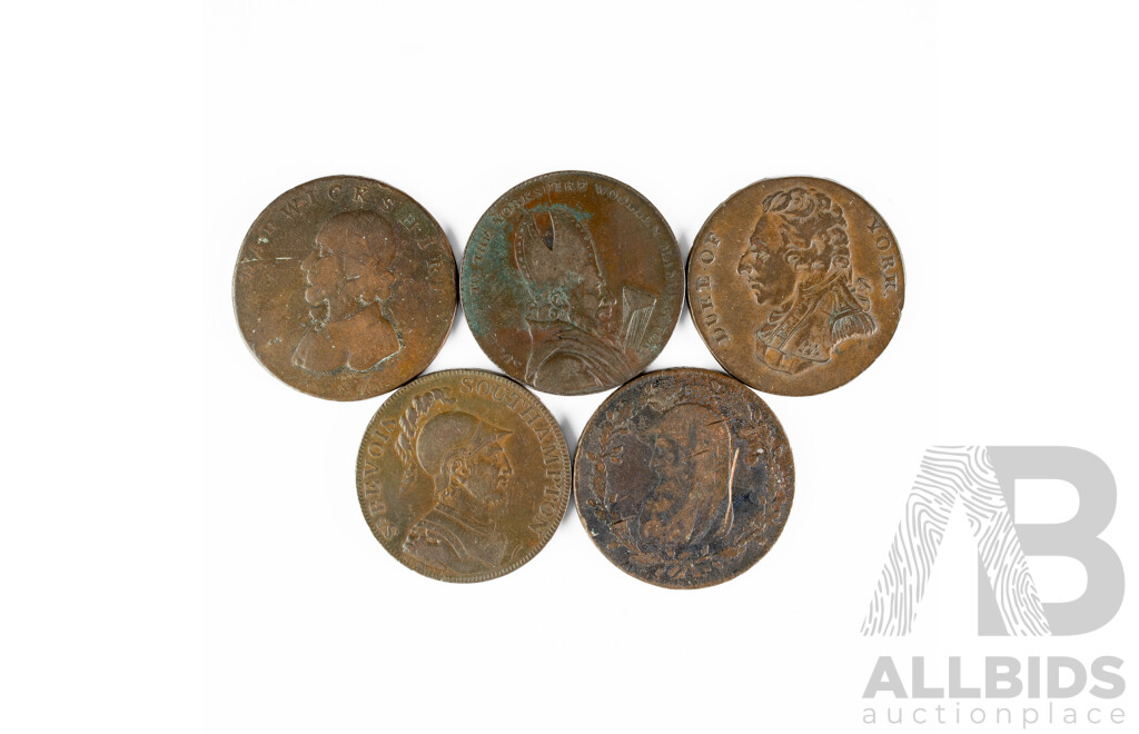 Five United Kingdom Merchant Tokens Including 1788 Anglesey Mines, 1791 Portsmouth/W.Taylor, 1793 Leeds Halfpenny, 1790 -1795 Duke of York, 1799 Warwickshire