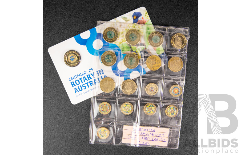 Australian One and Two Dollar Commemorative Coins Including2021 Indigenous Military Service, 2018 Lest We Forget, 2024 Olympics, 2017 Possum Magic, 1993 Landcare, 2023 AFL Adelaide Crows...........
