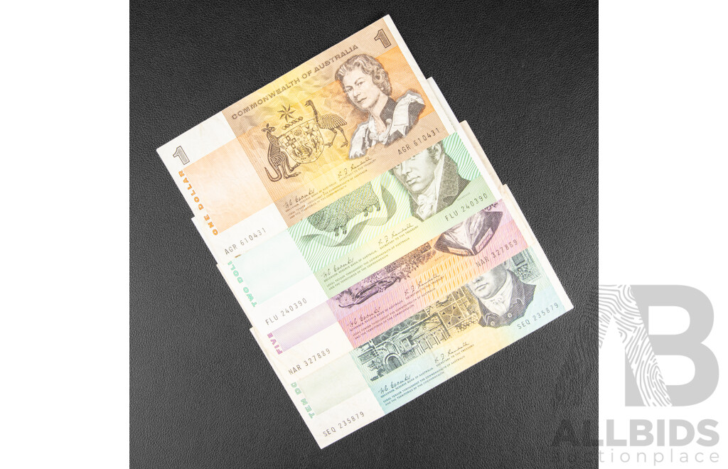 Collection of Australian Banknotes Including 1967 Ten Dollar, Five and Two Dollars, Coombs/Randall, 1968 One Dollar Coombs/Randall