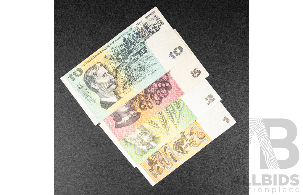 Collection of Australian Banknotes Including 1967 Ten Dollar, Five and Two Dollars, Coombs/Randall, 1968 One Dollar Coombs/Randall