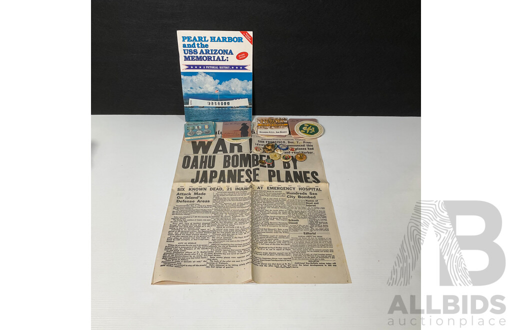 Antique Badges Including Australia Day 1916, 1917,  WW1, Pearl Harbour Pictorial Book and News Paper Reproduction with Vintage War Related Coasters