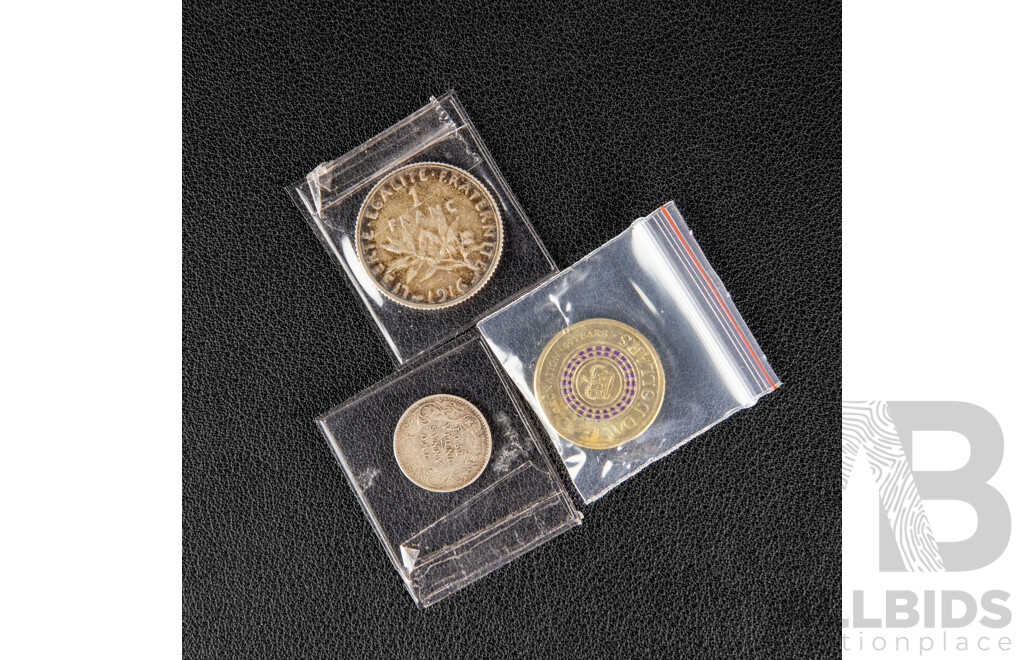 Australian 2013 Two Dollar Coin, QE2 Coronation with France 1916 Silver One Franc, India 1901 Silver Two Annas