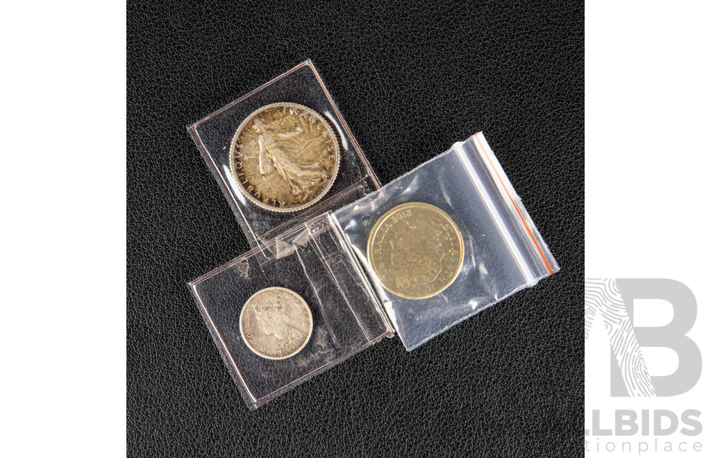 Australian 2013 Two Dollar Coin, QE2 Coronation with France 1916 Silver One Franc, India 1901 Silver Two Annas