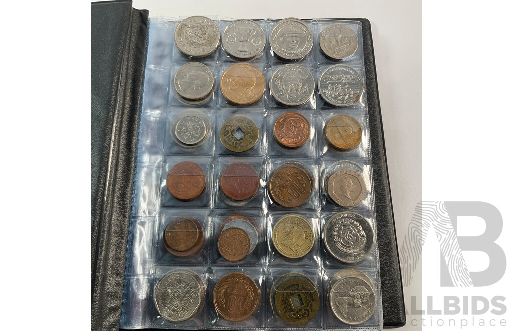 Album of International Coins and Medallions Including Australia, France, Thailand, Switzerland, China and More