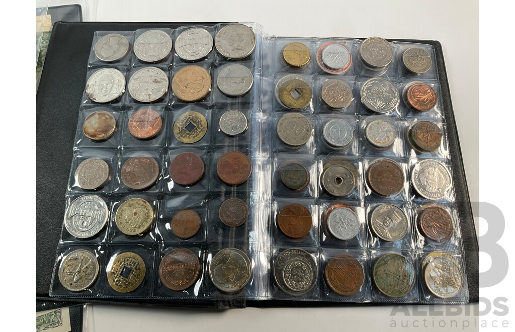 Album of International Coins and Medallions Including Australia, France, Thailand, Switzerland, China and More
