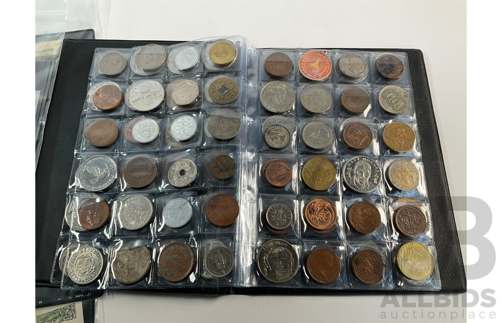 Album of International Coins and Medallions Including Australia, France, Thailand, Switzerland, China and More