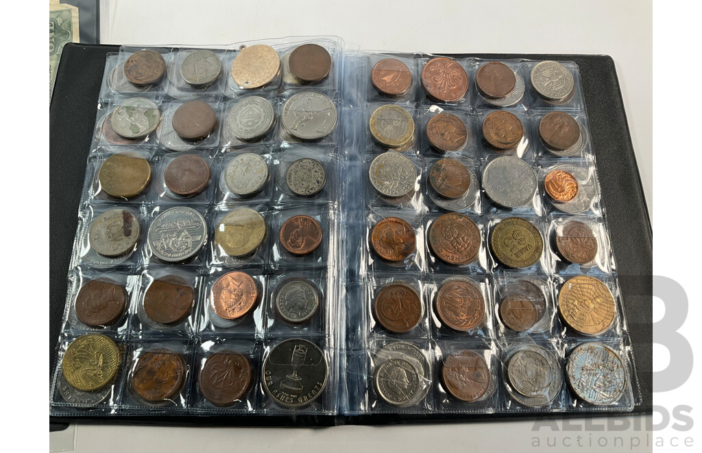 Album of International Coins and Medallions Including Australia, France, Thailand, Switzerland, China and More