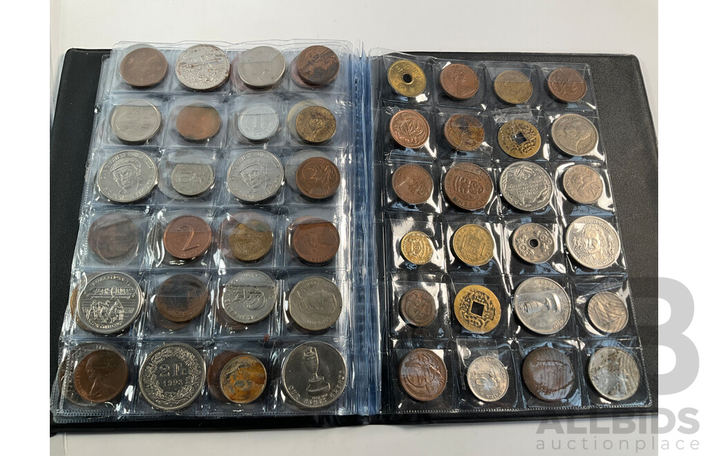 Album of International Coins and Medallions Including Australia, France, Thailand, Switzerland, China and More