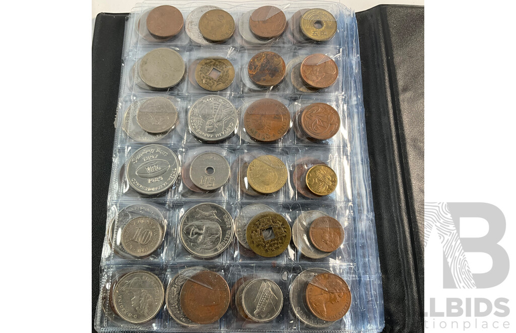 Album of International Coins and Medallions Including Australia, France, Thailand, Switzerland, China and More