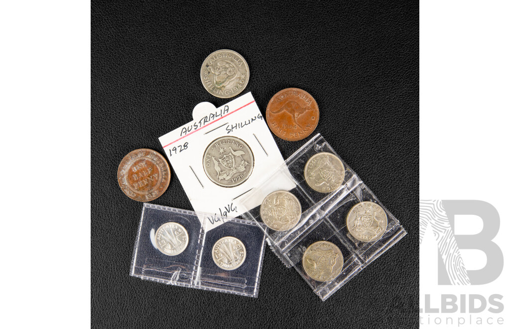 Collection of Australian Predecimal Coins Including 1928 and 1946 Silver Shilling, Four Silver Sixpence 1960(2) 1962, 1963, Two Silver Threepence 1963, 1964 Two Half Pennies 1927, 1964