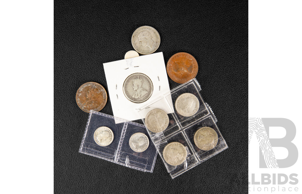 Collection of Australian Predecimal Coins Including 1928 and 1946 Silver Shilling, Four Silver Sixpence 1960(2) 1962, 1963, Two Silver Threepence 1963, 1964 Two Half Pennies 1927, 1964