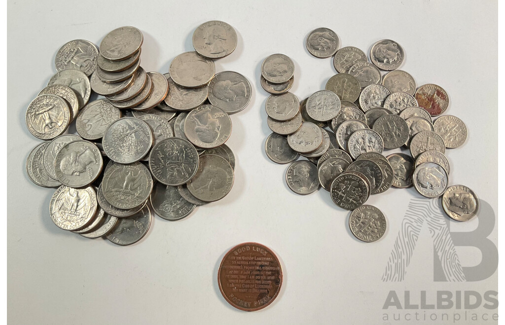 Collection of USA Quarters and Dimes with 1908 Billiken Good Luck Token, Chicago Illinois