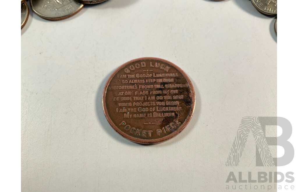 Collection of USA Quarters and Dimes with 1908 Billiken Good Luck Token, Chicago Illinois