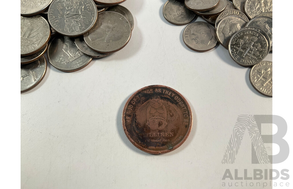 Collection of USA Quarters and Dimes with 1908 Billiken Good Luck Token, Chicago Illinois