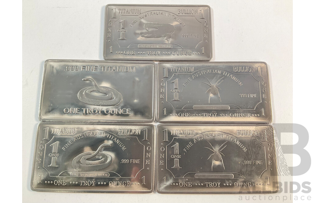 Five Australian Titanium Bullion One Troy Ounce Ingots