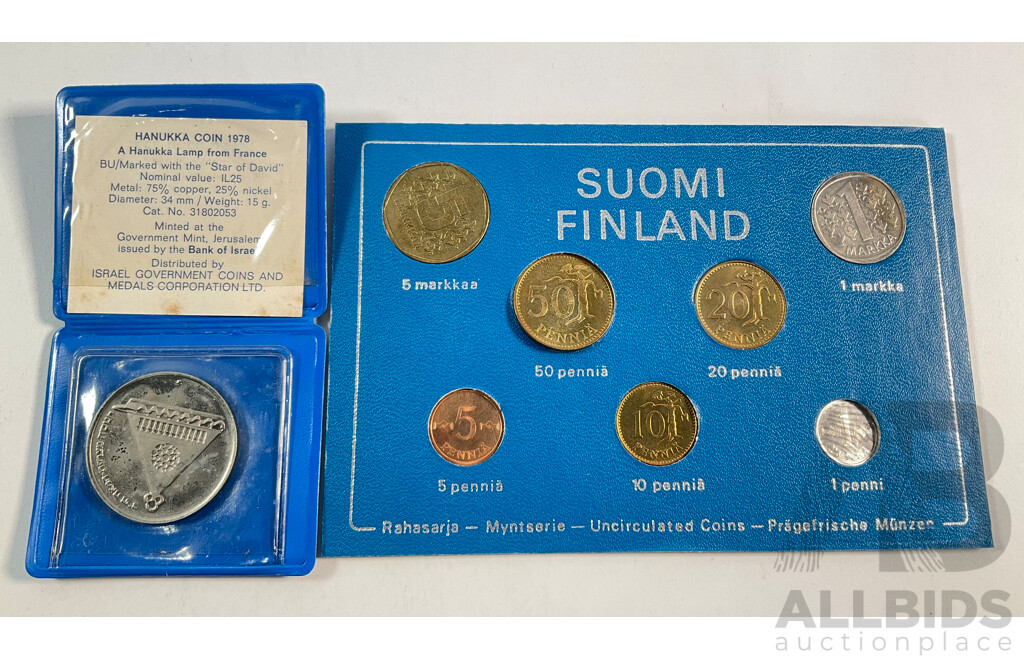 Finland 1975 Seven UNC Coin Set, France 1978 Hanukka Coin