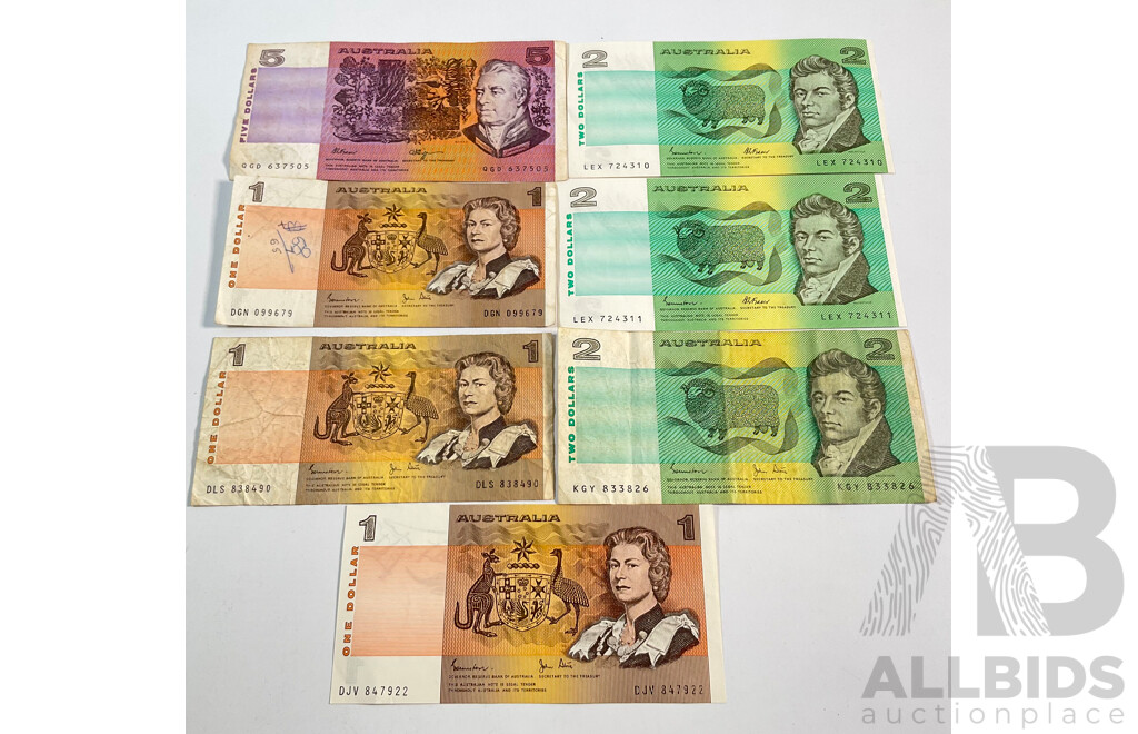 Seven Australian Banknotes Including 1990 Five Dollars, Fraser/Higgins, Three Two Dollars, Two 1985 Johnston/Fraser, 1983 Johnston/Stone, Three 1982 One Dollars, Johnston/Stone