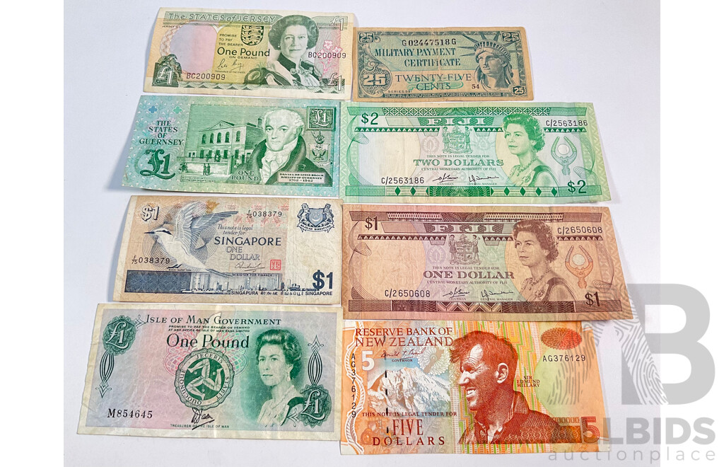 Eight International Banknotes Including Fiji Two and One Dollar, New Zealand Five Dollar, Two Guernsey One Pound Notes, Singapore One Dollar, Isle of Man One Pound, USA Twenty Five Cents Military Payment Certificate