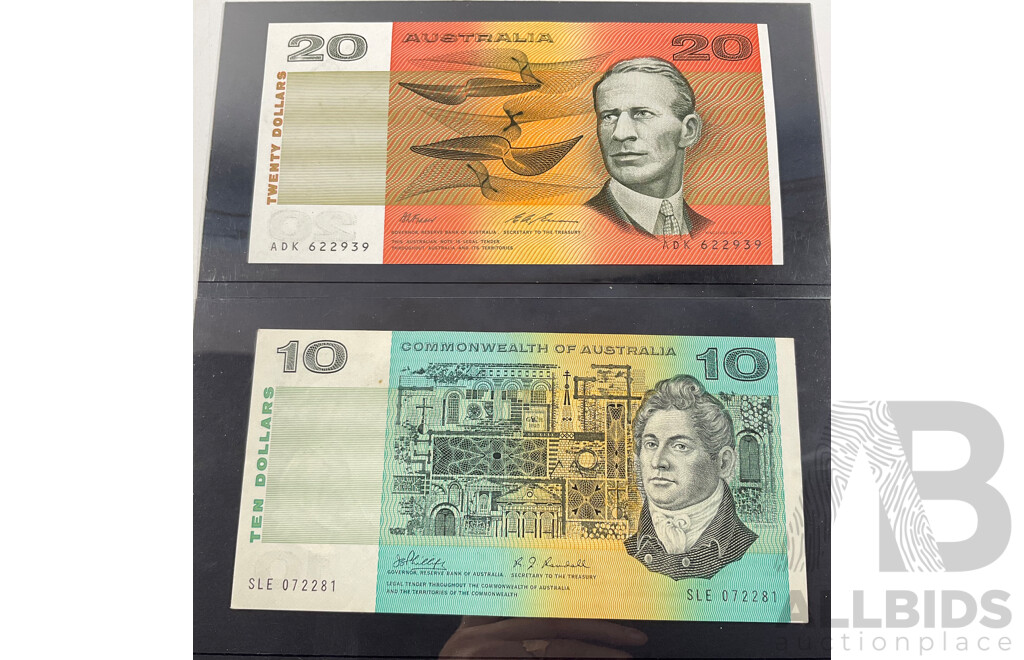 Australian 1993 UNC Twenty Dollar Note Fraser/Evans, Last Prefix ADK622939, Stamped Lawrence Hargrave Centenary Portfolio and 1968 Ten Dollar Note, Phillips/Randall