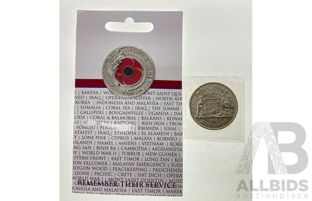 Australian 1943S Silver Florin and Red Poppy Remembrance Medallion