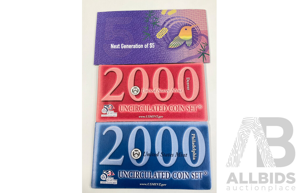 Australian 2016 UNC Five Dollar Note, Next Generation with USA 2000 Denver and Philadelphia UNC Coin Sets