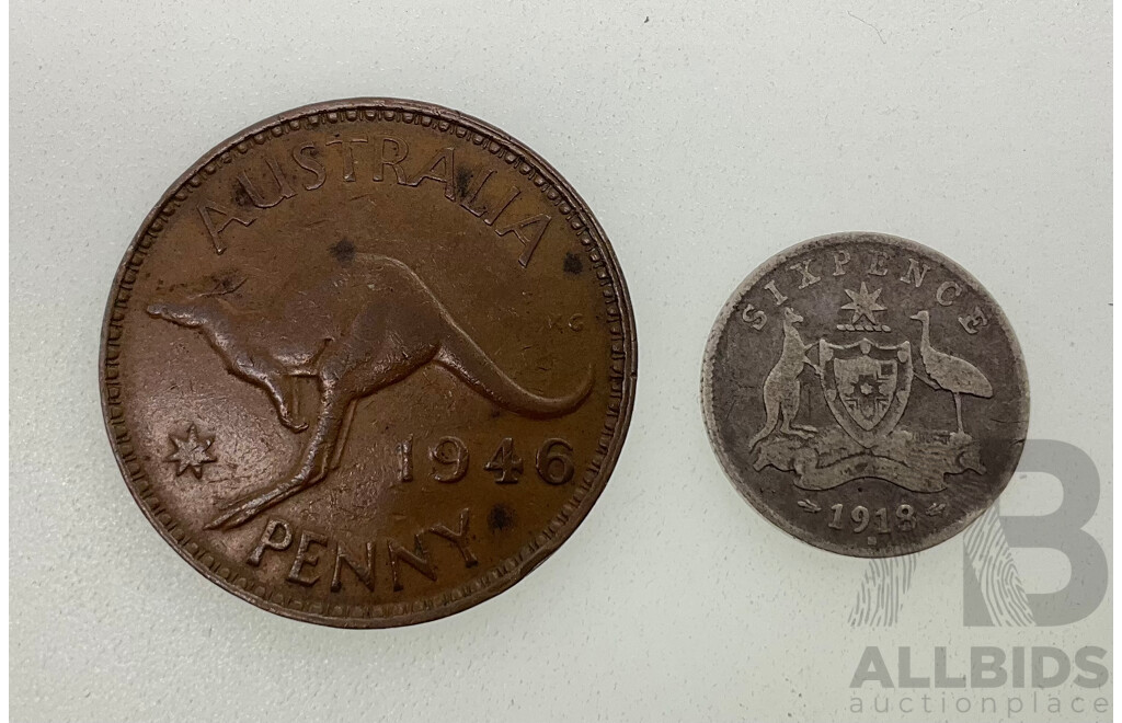 Australian 1946 KGVI Penny with 1918M Silver Sixpence