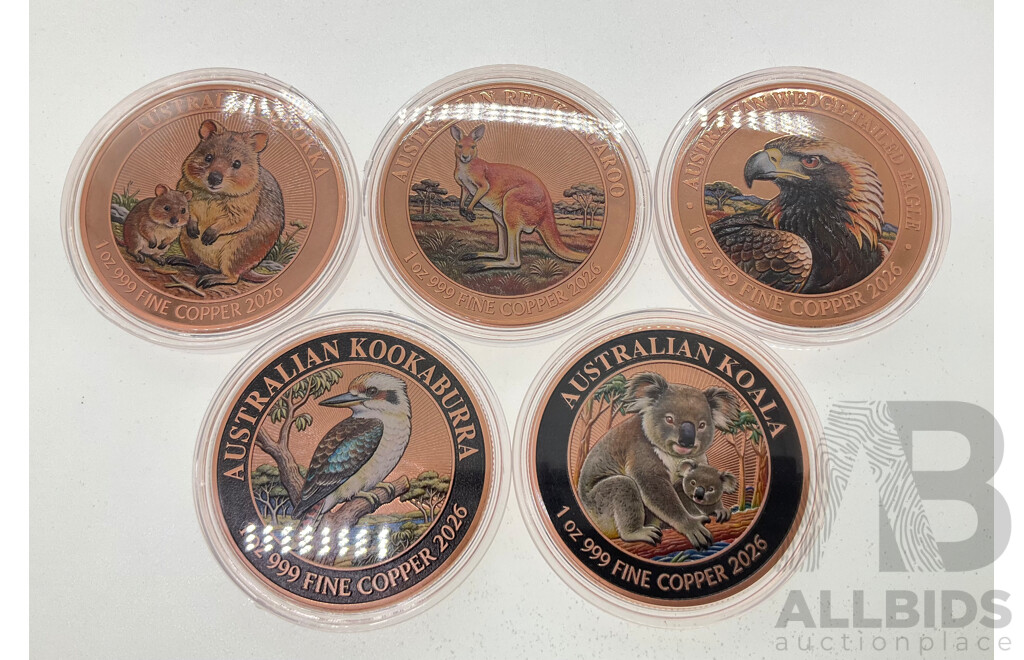 Five Australian 2026 Copper Wildlife Coins Including Quokka, Kangaroo, Koala, Wedge-Tailed Eagle, Kookaburra
