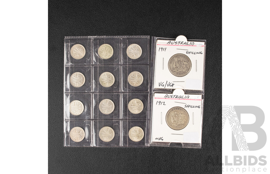 Australian 1911 and 1912 KGV Silver Shillings with Twelve QE2 Silver Threepence, Consecutive 1953 to 1964