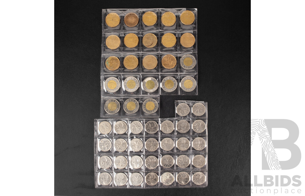 Collection of Canadian Coins Including Fourteen Loonie Dollars, Nine Bimetallic Two Dollars, Thirty Quarters