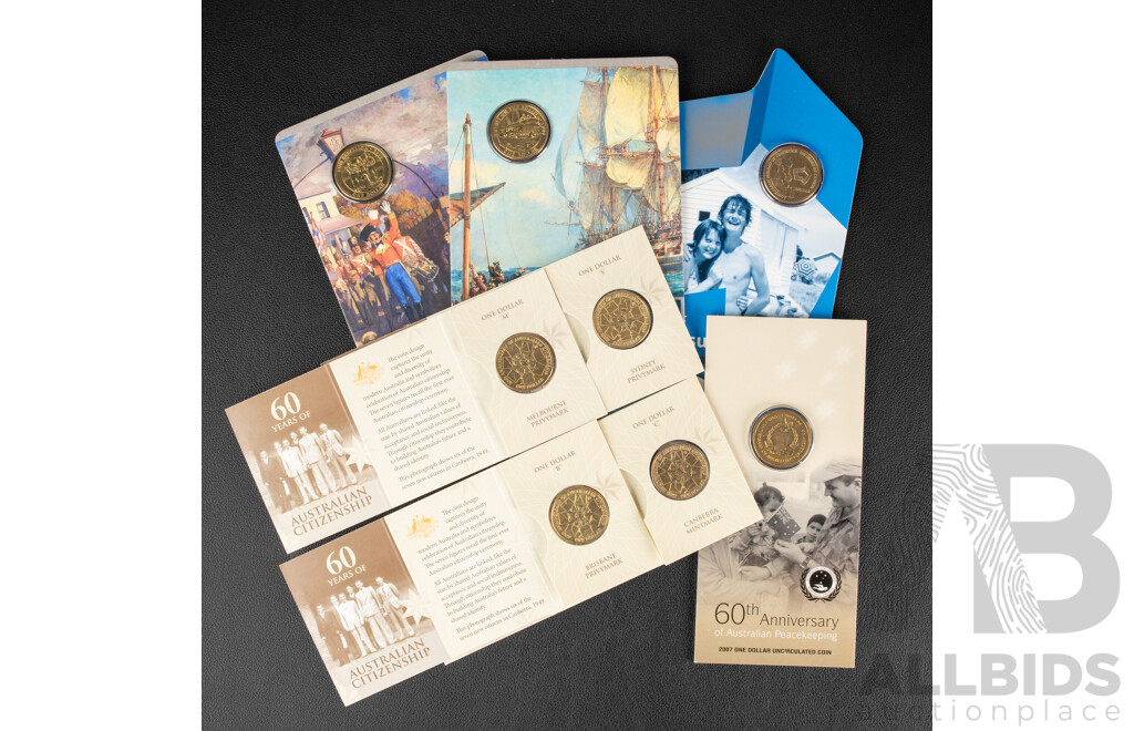 Eight Australian RAM UNC One Dollar Coins Including Two 2019 Mutiny and Rebellion, Five 2007 60th Anniversary of Peacekeeping, S, M, C, B Mint Marks, 2011 One Hundred Years of Census