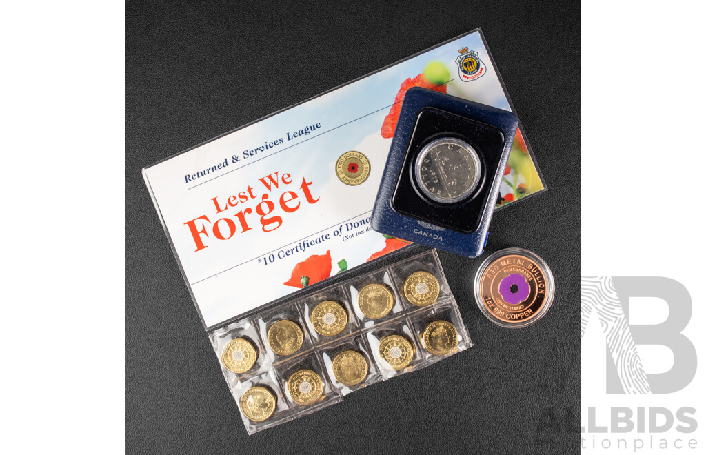 Ten Australian 2022 Two Dollar Coins, Frontline Workers, Red Metal Bullion One Ounce Copper Medallion, Remembrance, Laminated RSL 2012 Red Poppy Donation Certificate, Canada 1975 One Dollar Proof Coin
