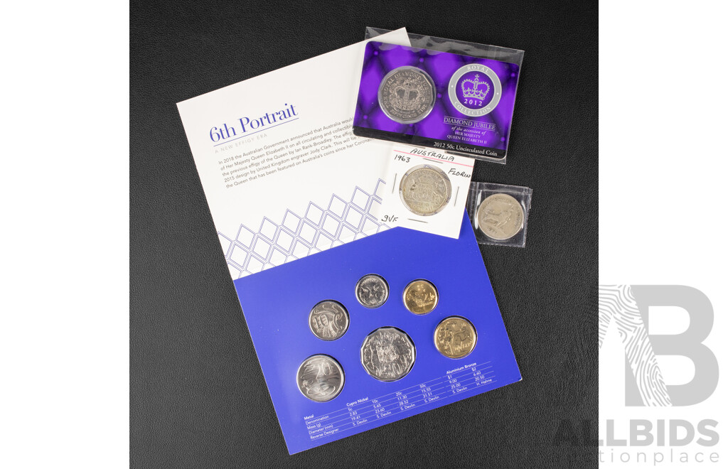 Two Australian Silver Florins, 1954 Royal Visit and 1963, 2020 Six UNC Coin Set, New Effigy Era, 2012 UNC Fifty Cent, QE2 Diamond Jubilee