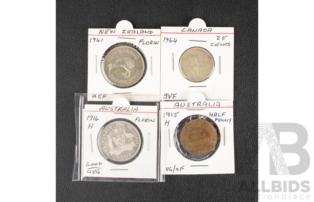 Australian 1914H KGV Silver Florin, 1915H KGV Half Penny, Canada 1964 Twenty Five Cents, New Zealand 1941 Florin