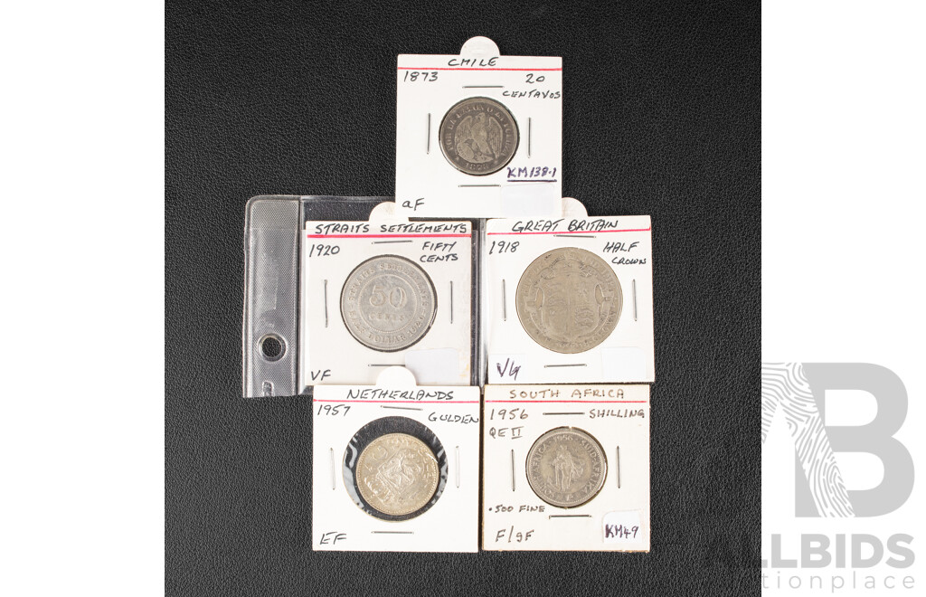 United Kingdom 1918 Silver Half Crown, British Malaysia 1920 Silver Fifty Cents, Netherlands 1957 Silver One Gulden, Chile 1873 Silver Twenty Centavos, South Africa 1956 Silver Shilling