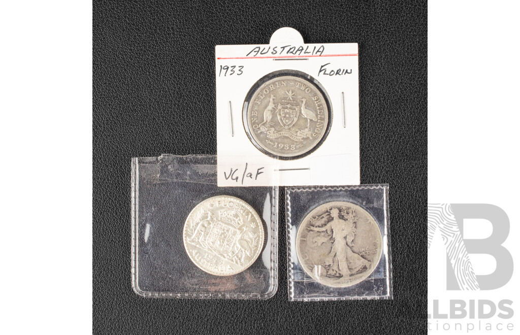 Australian 1933 KGV Silver Florin, 1944S Florin High Grade, USA 1918 Silver Walking Liberty Half Dollar
