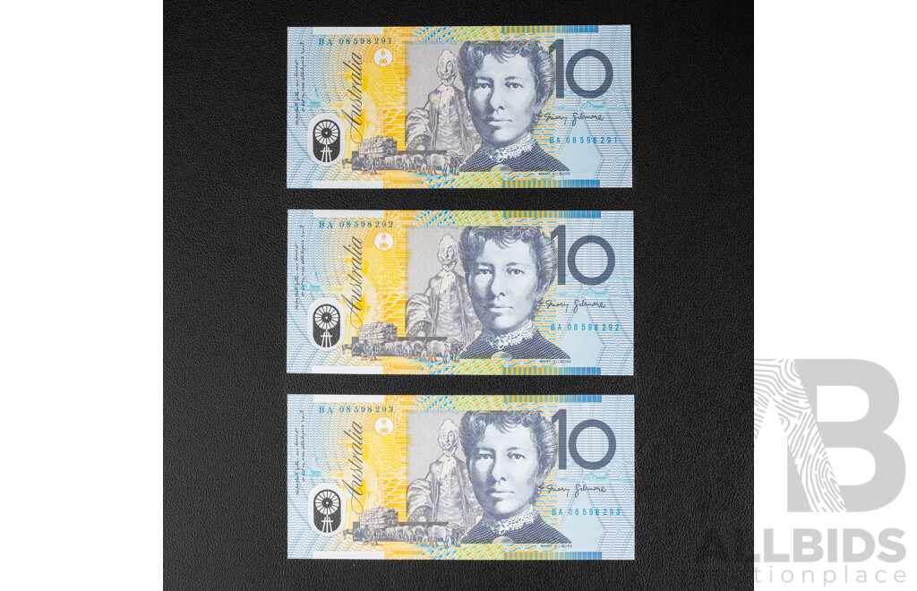 Three Australian 2008 Ten Dollar Notes, Stephens/Henry, Consecutive BA08598291 - BA08598293