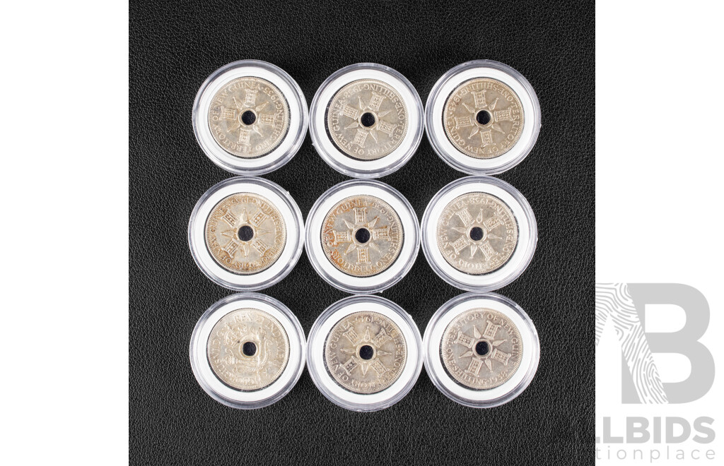 Nine Papua New Guinea KGVI Silver Shillings Including 1935 1936(2), 1938(3) 1945(3) .925