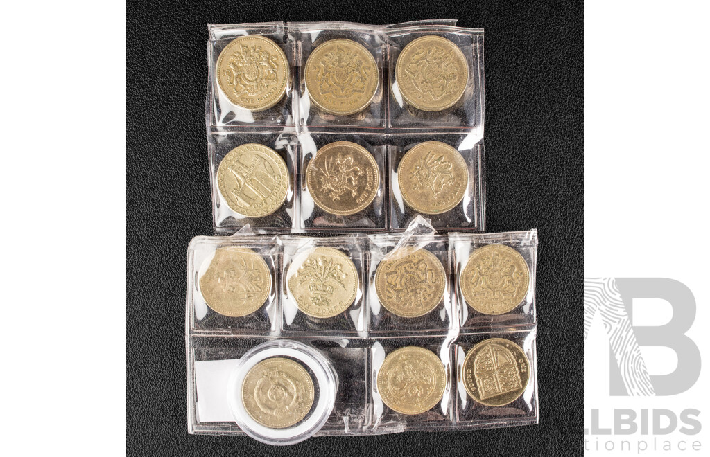 Twelve Great Britain One Pound Coins with 1996 Commemorative One Pound, Celtic Cross