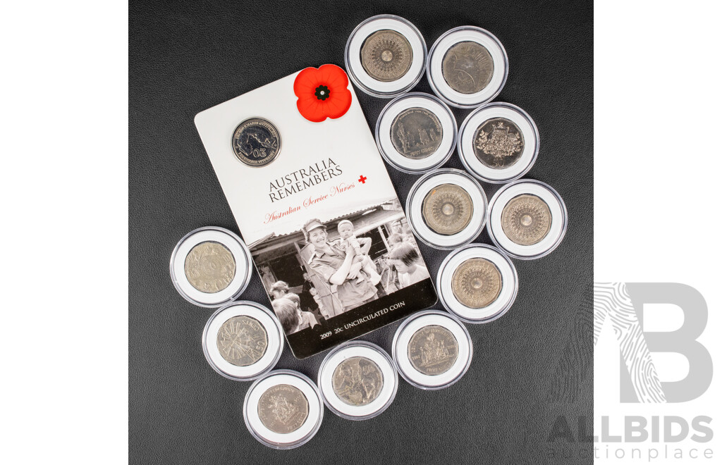 Twelve Australian Commemorative Fifty Cent Coins Including Four 1977 Jubilee, 2000 Millennium, 2001 Federation, Norfolk Island, Northern Territory, 2005 Remembrance, 199bass/Flinders, 2002 Year of the Outback, 2003 Volunteers..........