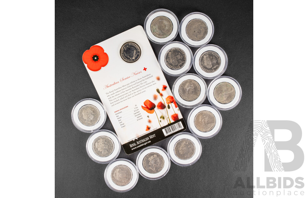 Twelve Australian Commemorative Fifty Cent Coins Including Four 1977 Jubilee, 2000 Millennium, 2001 Federation, Norfolk Island, Northern Territory, 2005 Remembrance, 199bass/Flinders, 2002 Year of the Outback, 2003 Volunteers..........
