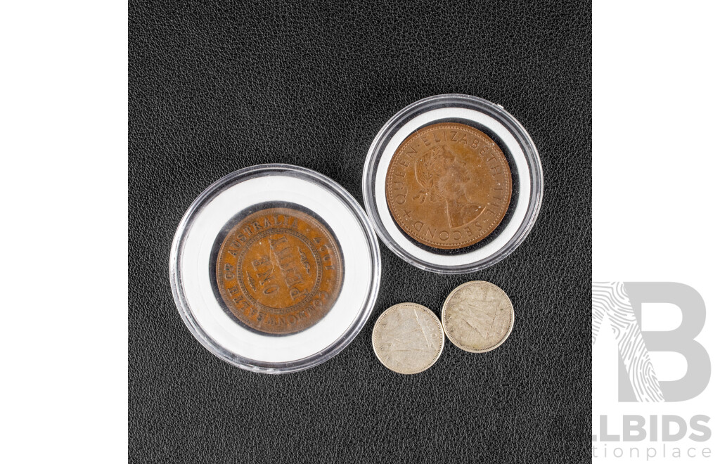 Australian 1927 KGV Penny, New Zealand 1964 QE2 Penny, Two Canadian 1961 and 1963 Silver Ten Cents