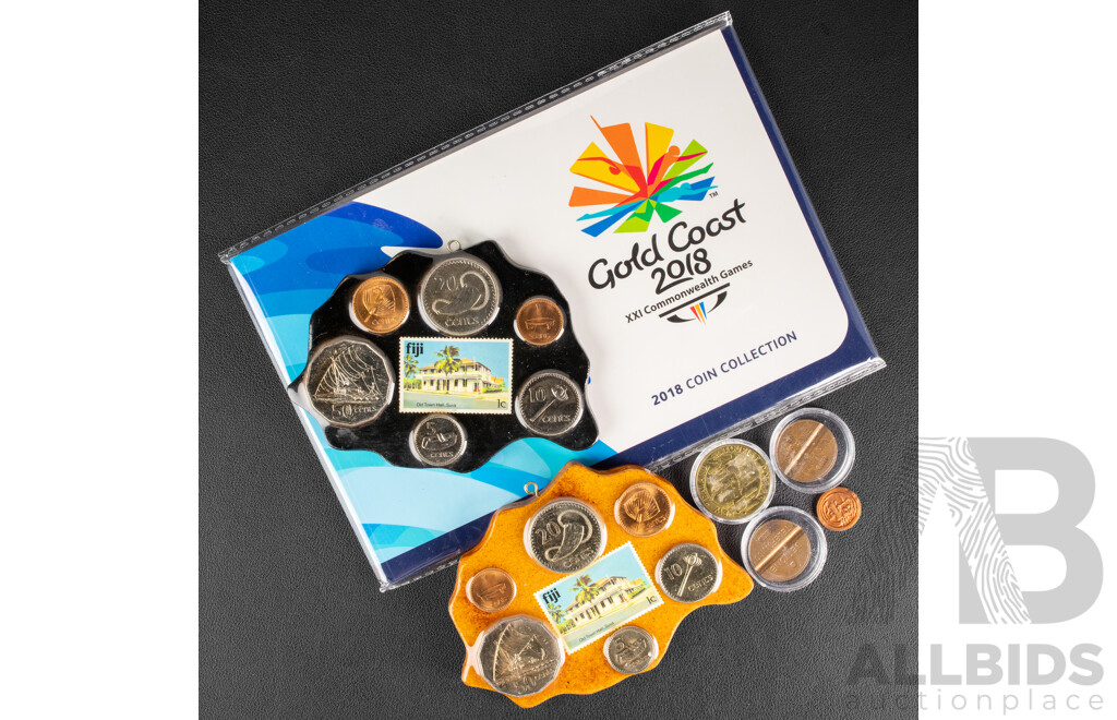 Australian RAM 2018 Seven Coin Collection, XXI Commonwealth Games, Two Fiji Souvenir Coin and Stamp Sets, Two Vintage Italian Phone Tokens, New Zealand Tourist Dollar, Australian School One Cent
