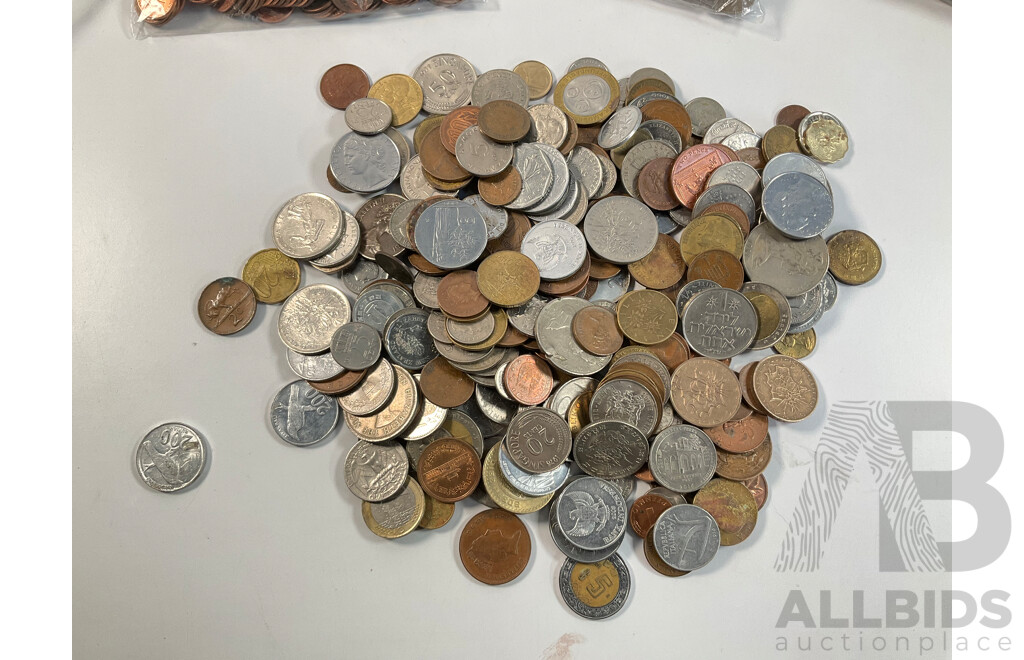 Collection of International Coins Including Australia, USA, Euro, Indonesia, Switzerland, Italy, Israel, Hong Kong, Mexico and More - Approximately 2.8 Kilograms