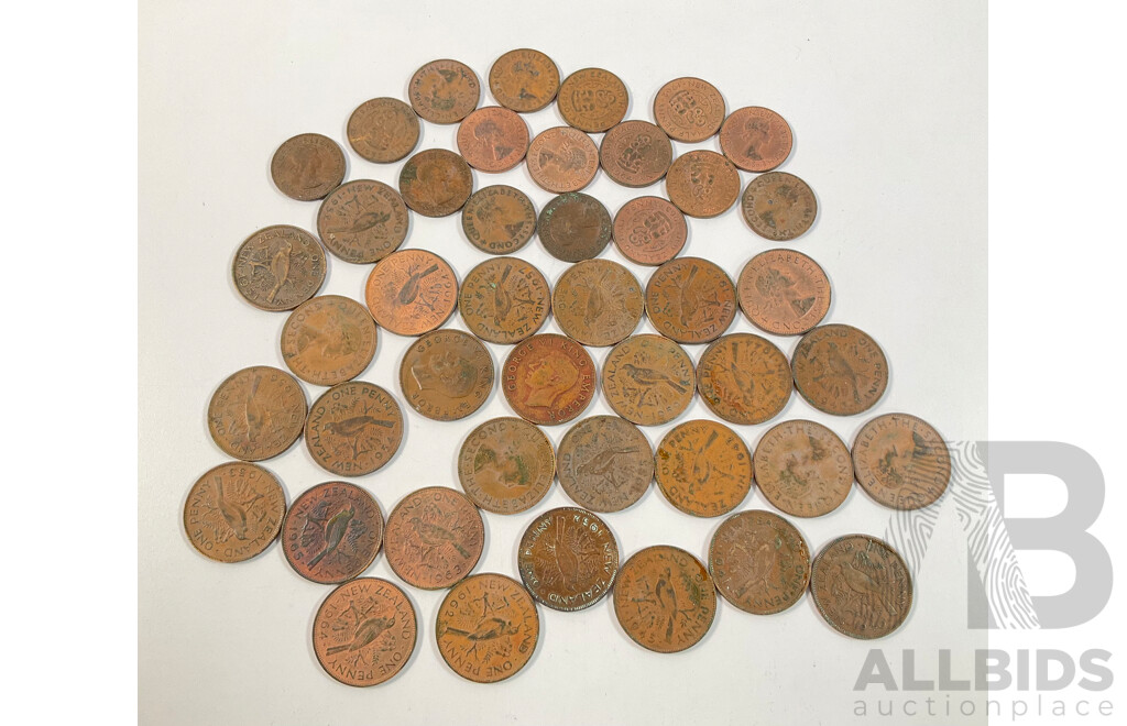 Collection of New Zealand Pennies Spanning 1940 to 1964 and Half Pennies Spanning 1940 to 1965