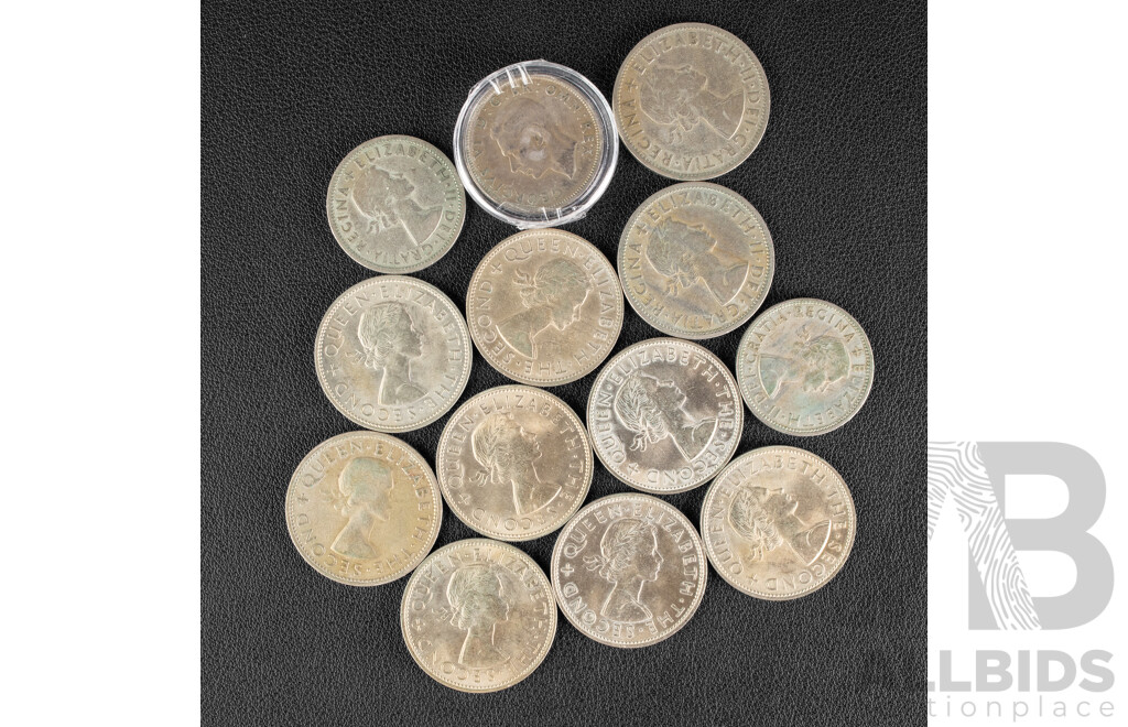 Ten New Zealand Pennies Half Crowns, 1953, 1954, 1957, 1961, 1962(2)1963(2) 1965(2) Two Shillings 1948, 1955, 1962