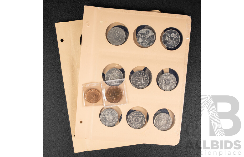 Eighteen Australian Fifty Cent Coins Spanning 1970 to 2015 with 1946 Penny and Half Penny